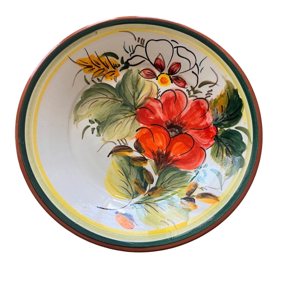 Olaria Bulhao Portugal Hand Painted Terracotta Floral Bowl S. P. Corval 7.75"